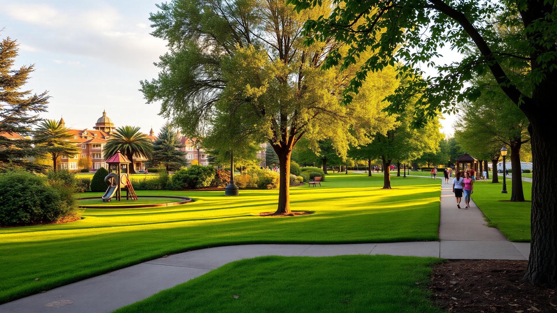 Lush green community park with playground and walking path.