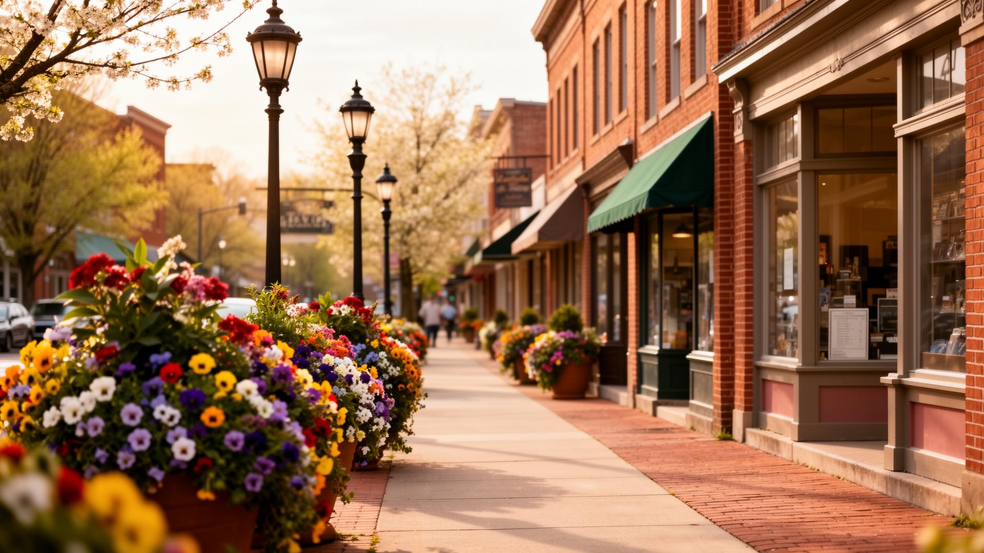 A planted streetscape along downtown Statesville's sidewalks