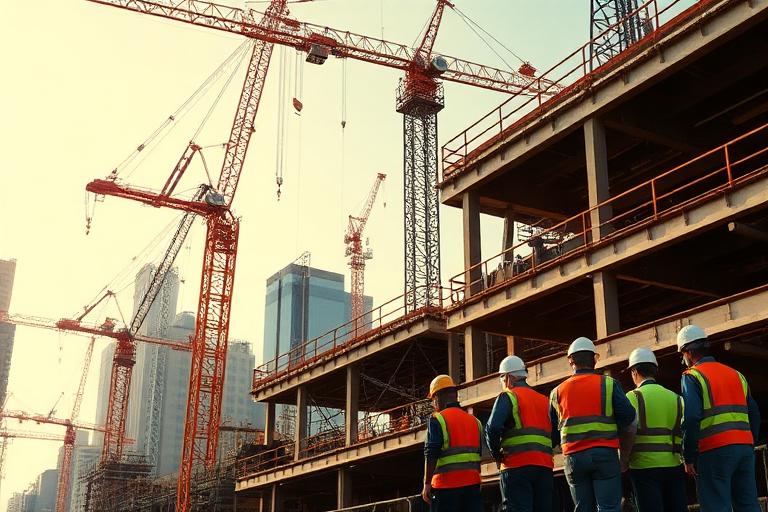 Active urban construction site with cranes, steel beams, and workers in hard hats and safety vests