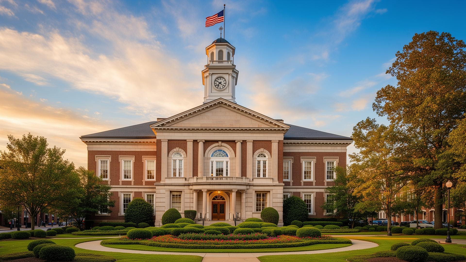 Historic City of Statesville municipal building with a Statesville street banner