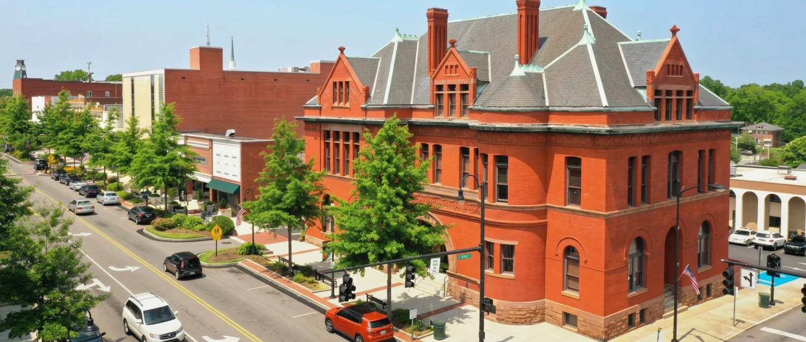 Historic red-brick Statesville City Hall on a tree-lined downtown street