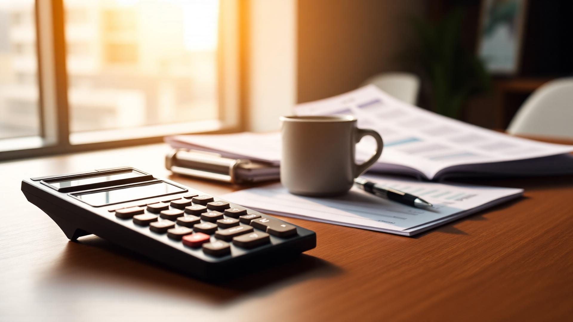 Finance desk with calculator, reports, and warm window light.
