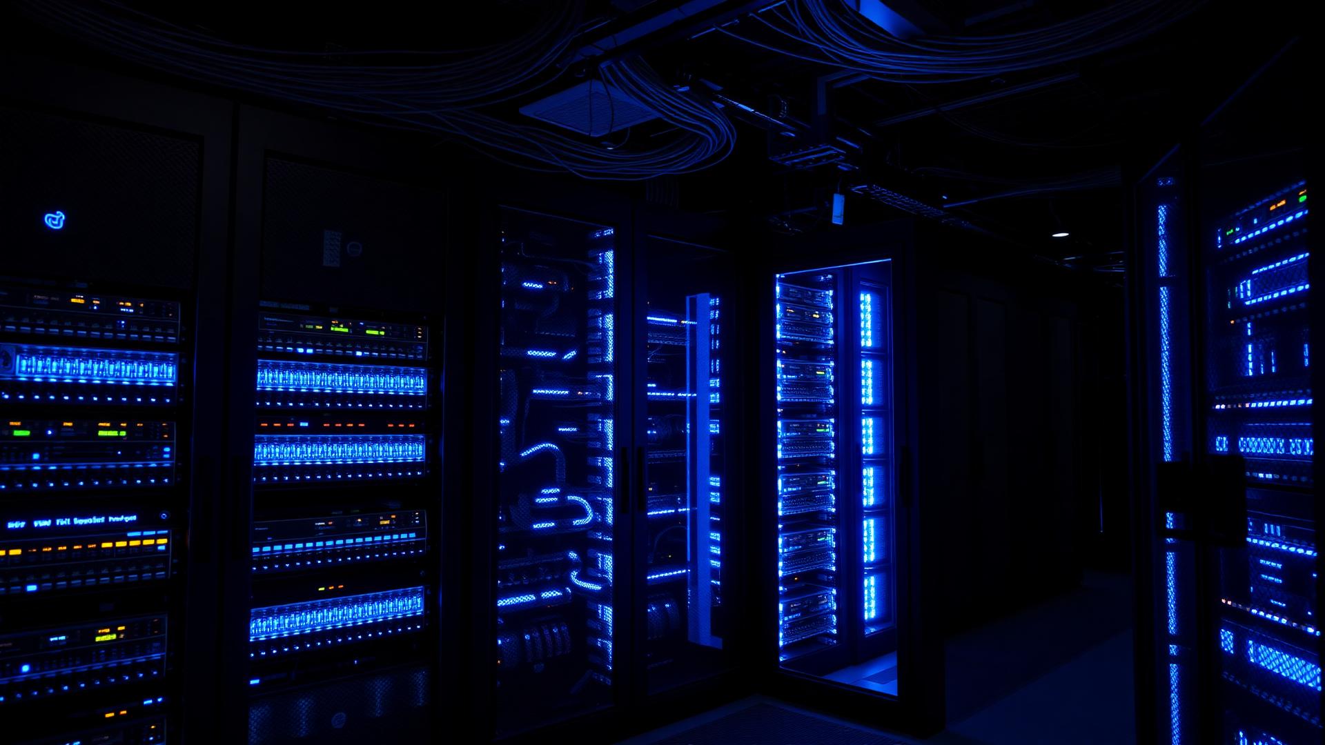 Server room with blue-lit network racks and cabling.