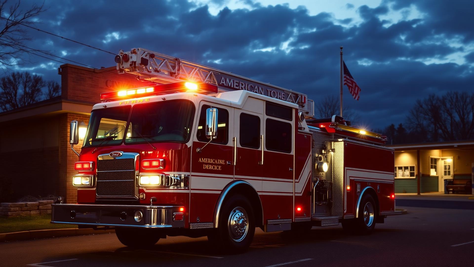 Red fire engine parked outside a fire station at dusk.