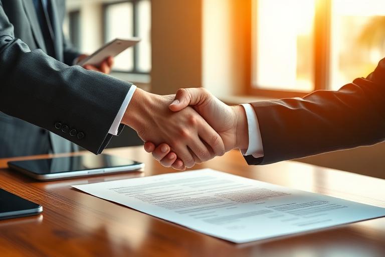 Two professionals shaking hands over a printed contract document on a wooden desk