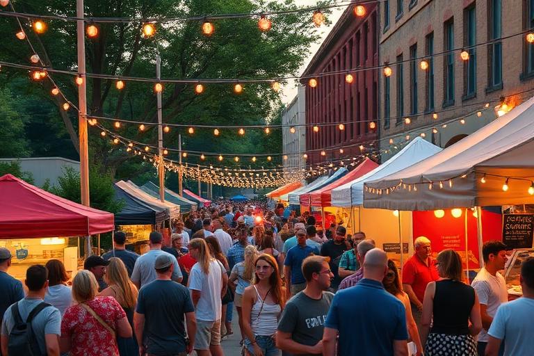 Lively outdoor community festival crowd in a downtown street with string lights and vendor tents