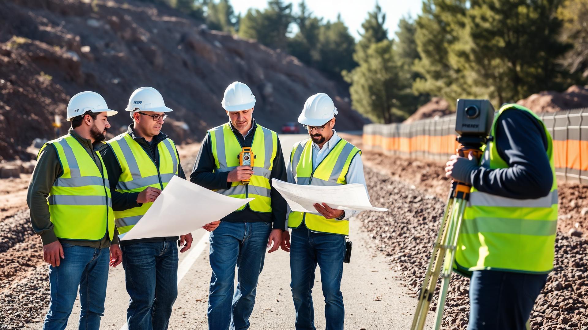 Civil engineers reviewing blueprints at a road project.