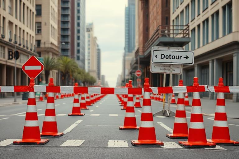 City street closed with orange-and-white striped traffic cones, barricades, and a detour sign