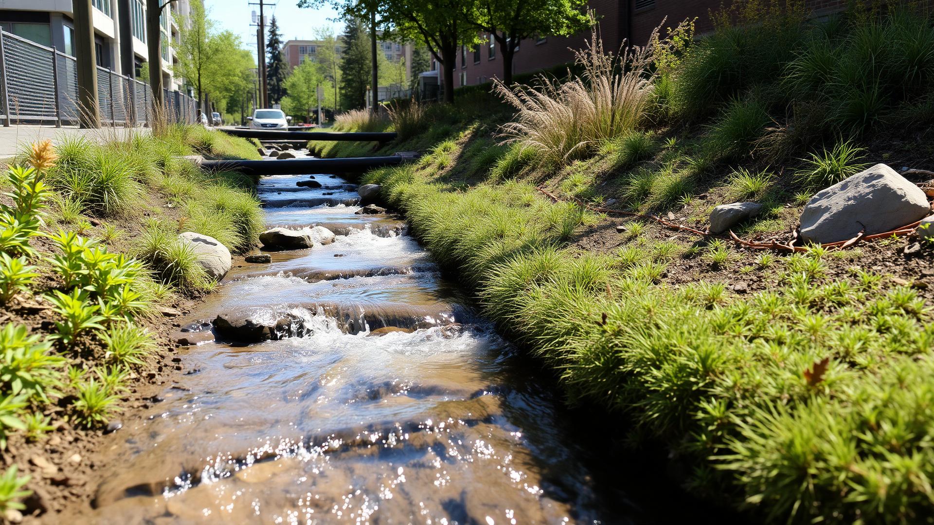 Restored urban stream with native plantings along the bank.