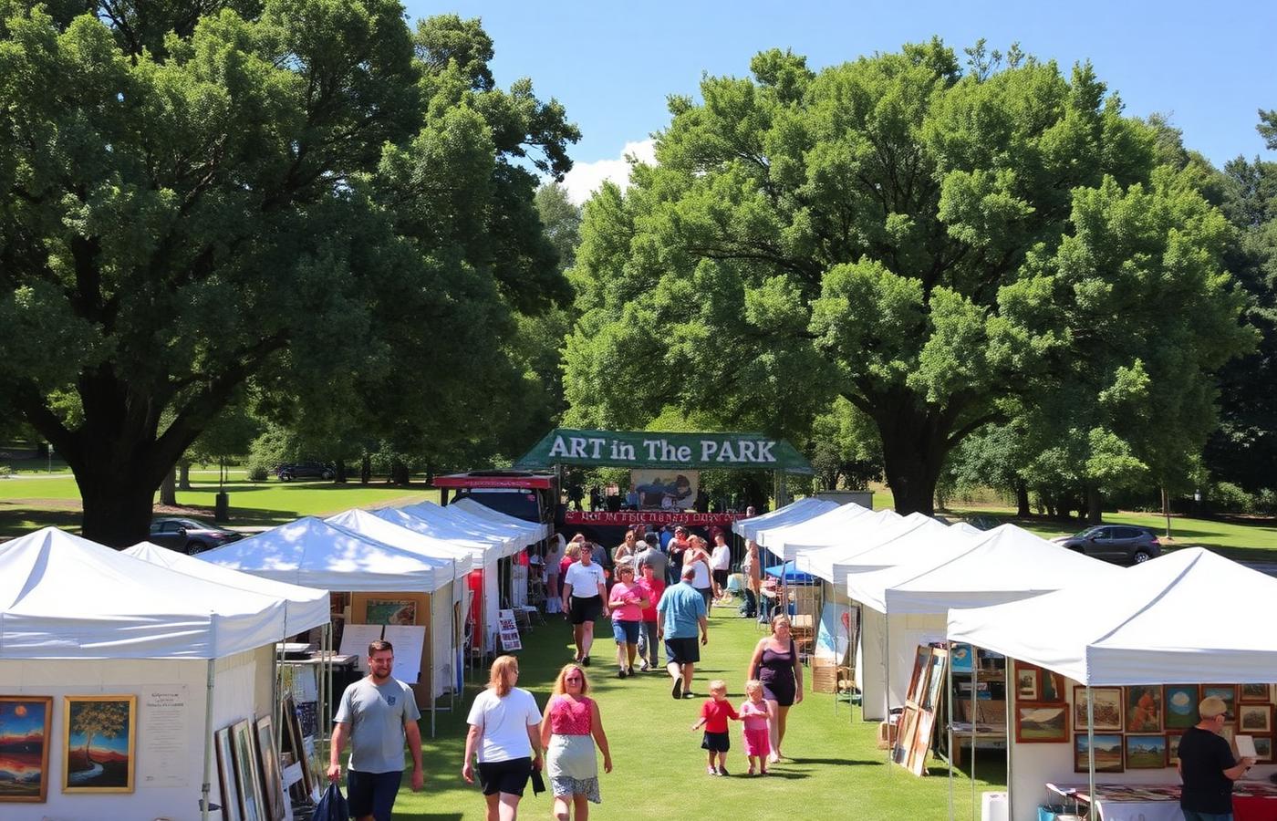 Outdoor Art in the Park festival in Statesville with white artist tents and families on a sunny day