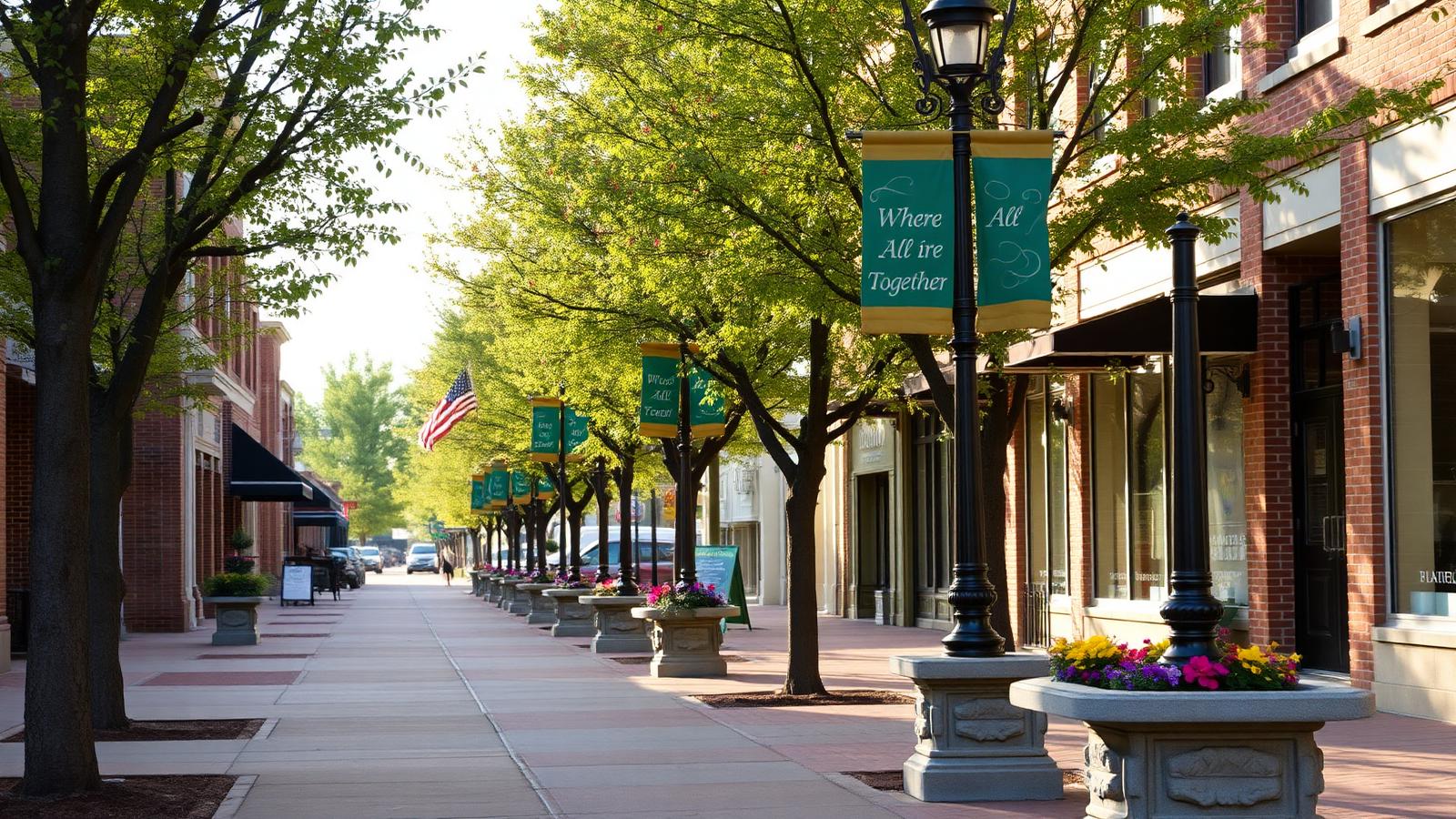 Tree-lined downtown Statesville sidewalk with 'Where It All Comes Together' lamp-post banners and stone planters