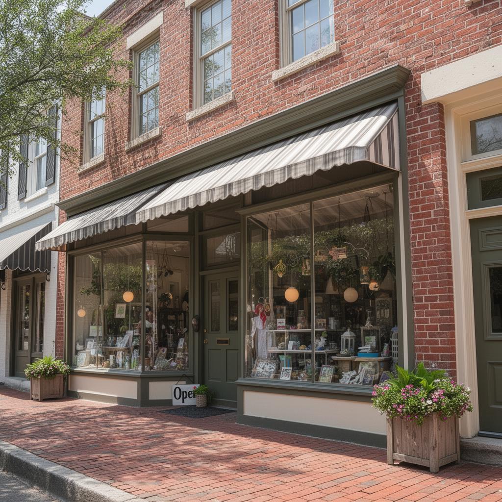 A charming historic downtown small-business storefront in Statesville with a striped awning, large display windows, and sidewalk flower planters