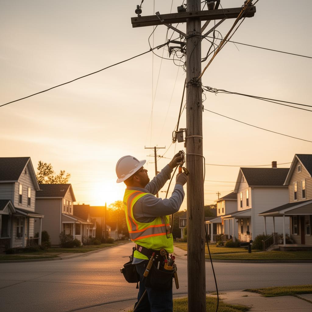 A City utility line worker in a safety vest and hard hat working on a residential power pole at golden hour