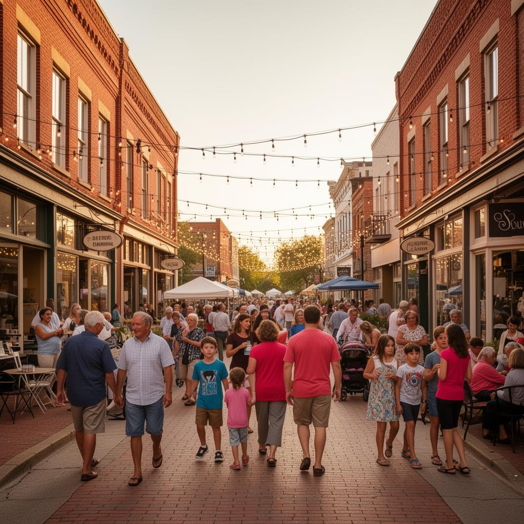 A lively downtown street festival in Statesville with families walking under string lights between historic red-brick storefronts