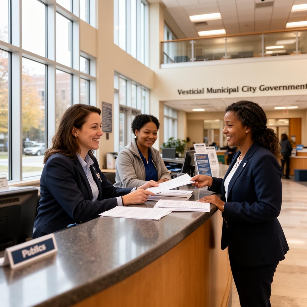 Friendly City staff at a public service counter inside a municipal lobby helping a resident with paperwork
