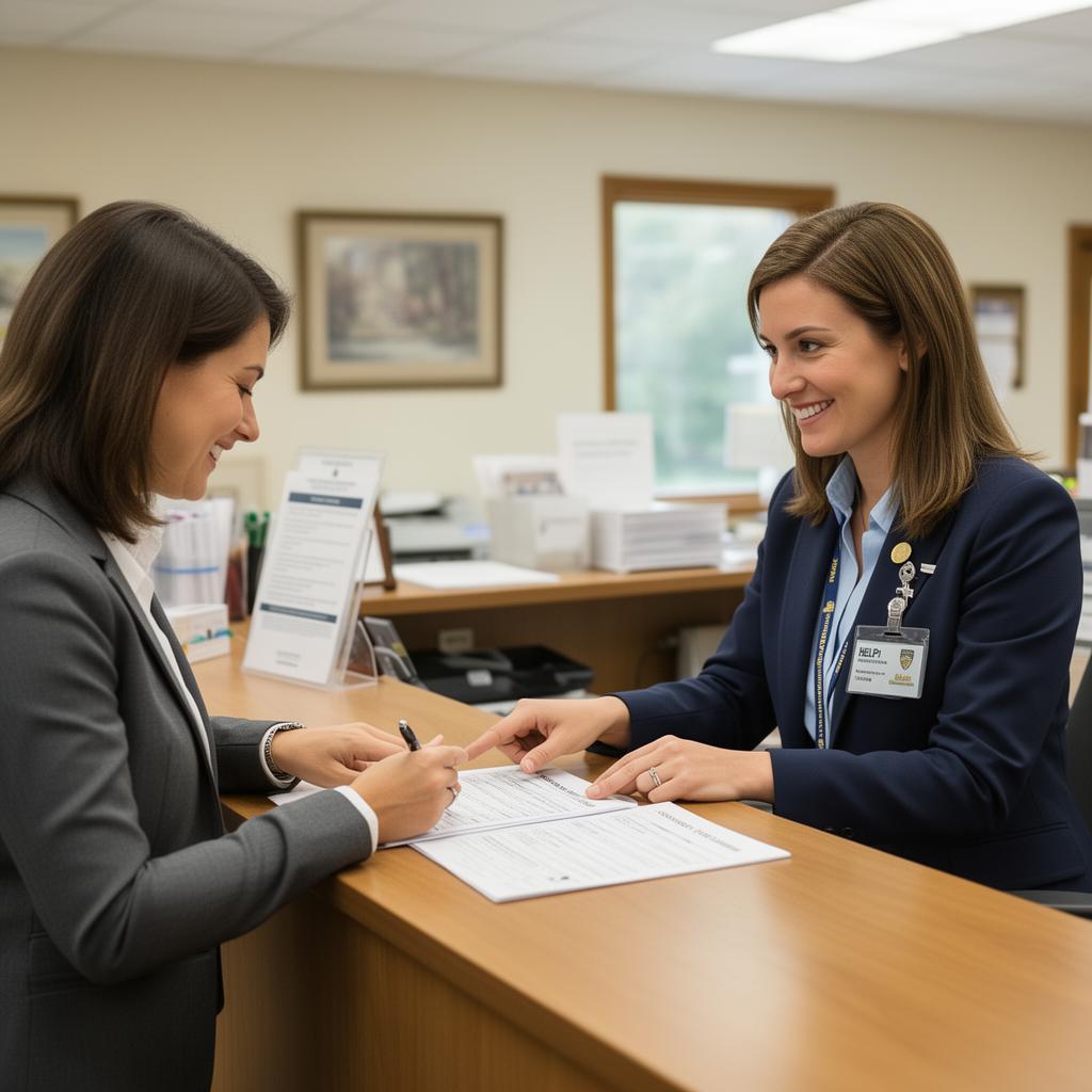 A resident filling out a form at a help desk while a friendly City clerk points helpfully at the paperwork