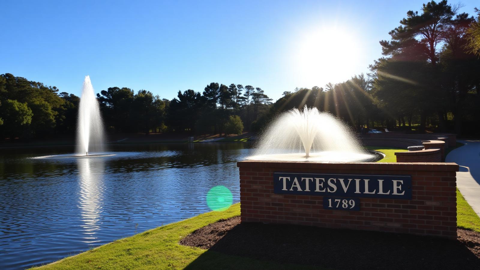 Brick 'Statesville 1789' monument sign beside a lake with a tall fountain