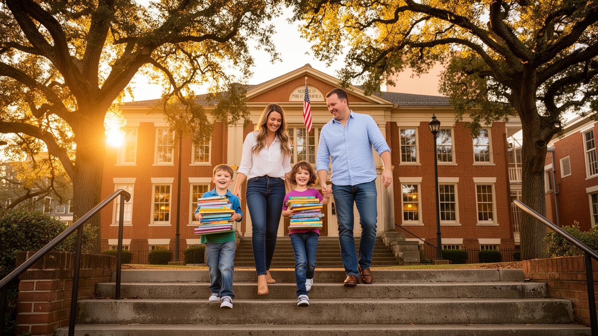 A family of four walking down the steps of the Statesville Public Library at golden hour, the kids carrying stacks of picture books