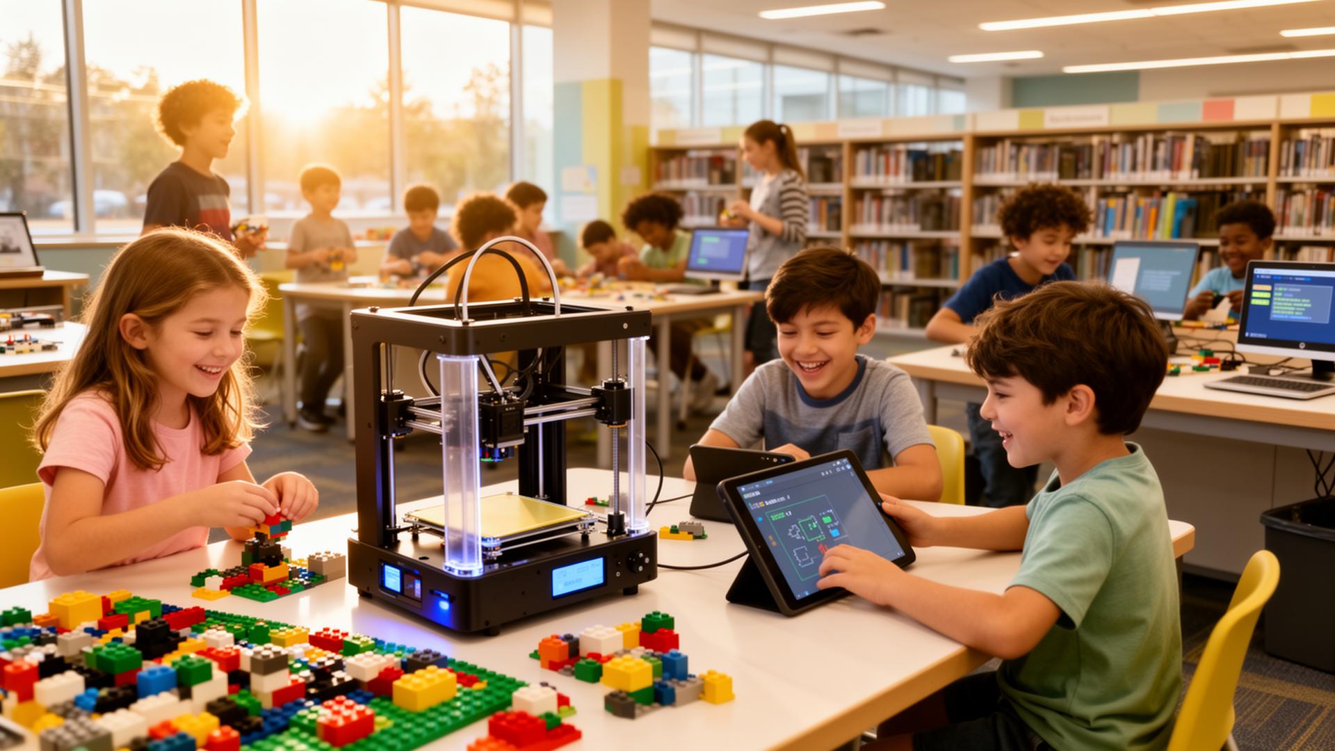 Kids using 3D printers, LEGO, and tablets in the library makerspace