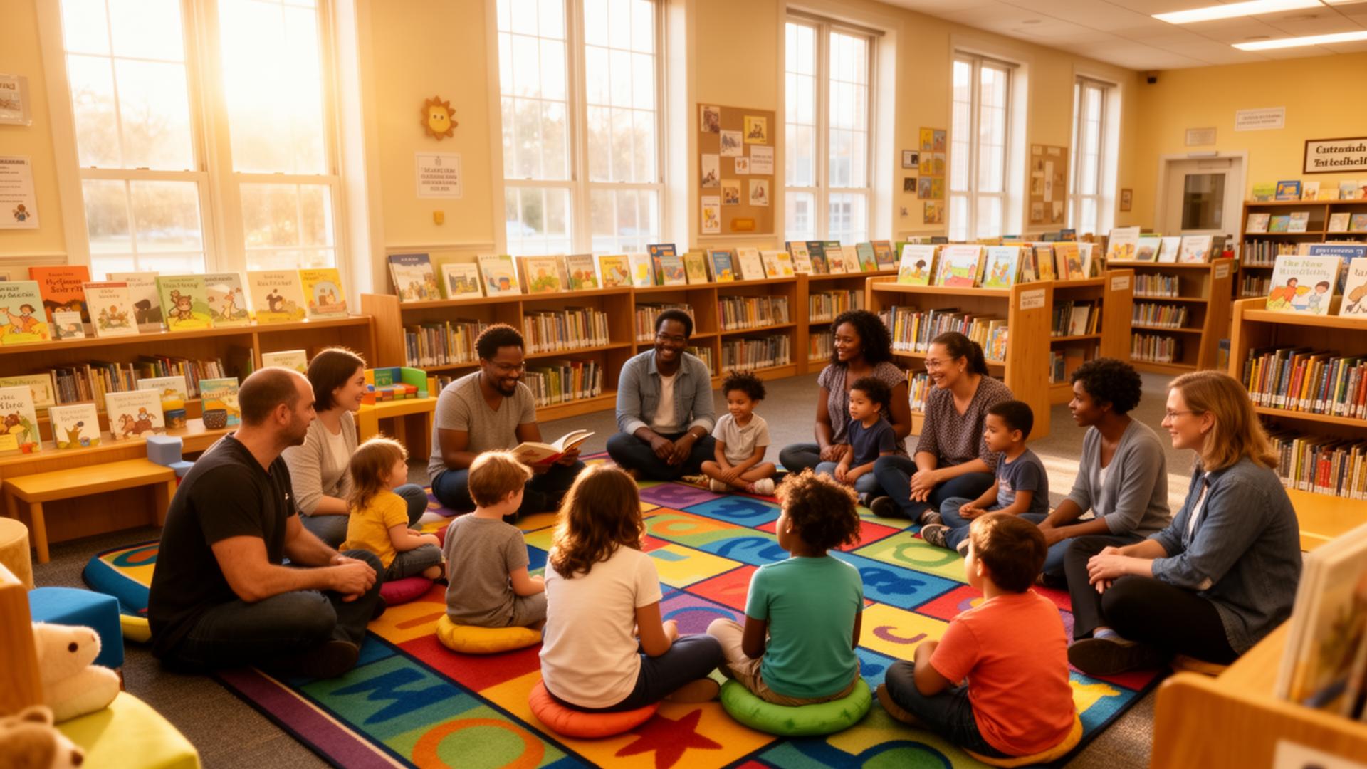 Diverse families gathered on a colorful rug for storytime in the library's children's room