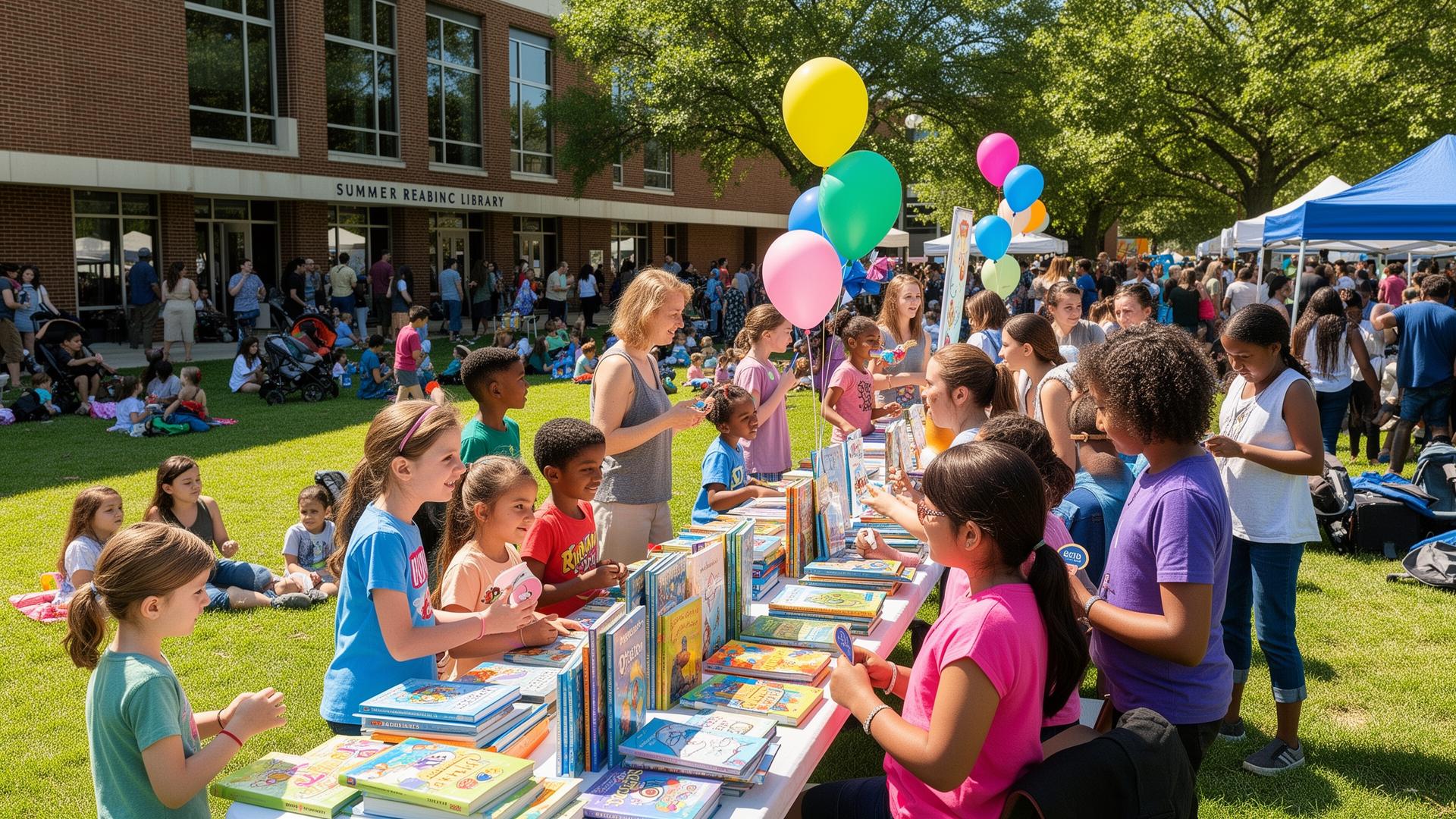 Children at the Statesville library summer reading kickoff picking out free books on the lawn