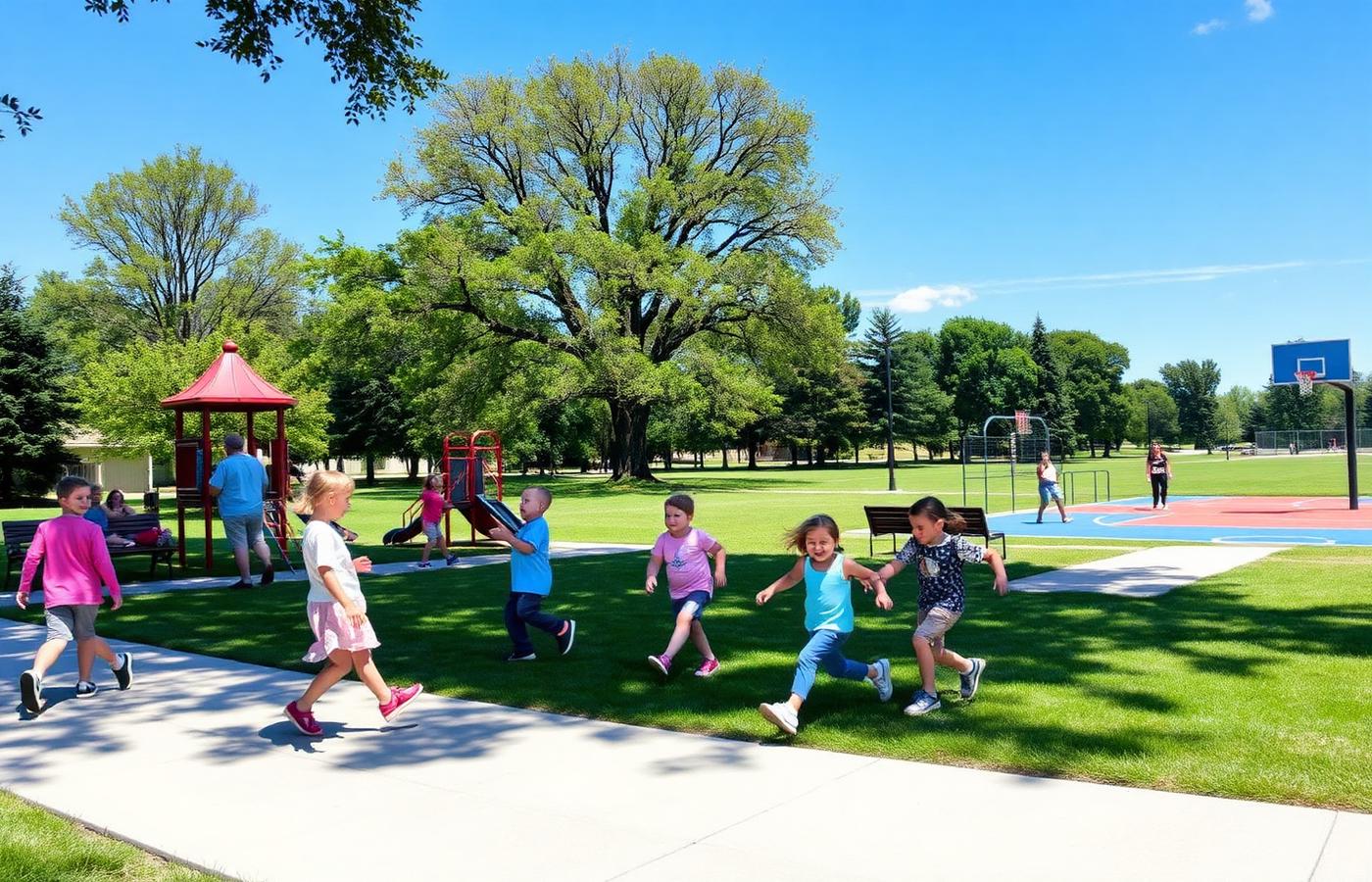 Children playing in a sunny Statesville municipal park with a playground and basketball court