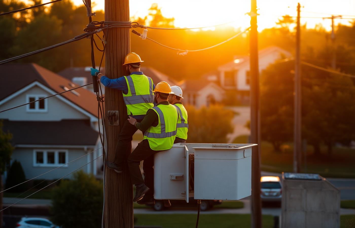 Statesville Public Power line crew in safety gear working on a residential utility pole at sunset